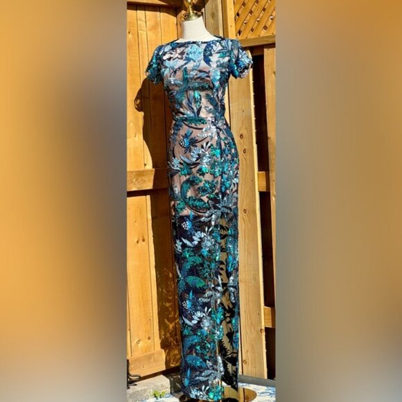 🆕BRONX & BANCO🧿NWOT Zinnia Side-Split Sequin Embroidered Gown, Navy, Sz XS US2 - Picture 6 of 14